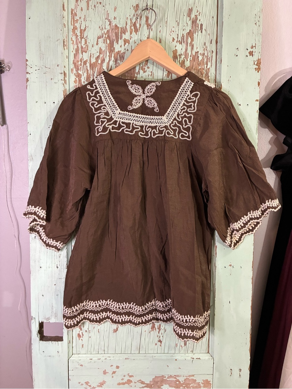 Brown Boho Embroidered Peasant Top with White Trim - Picture 4 of 6